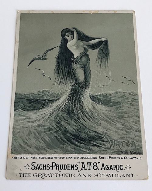 mermaidenmystic:Sachs-Prudens A.T.8 Agaric Water advertisement trade card from Dayton, Ohio ~ circa 