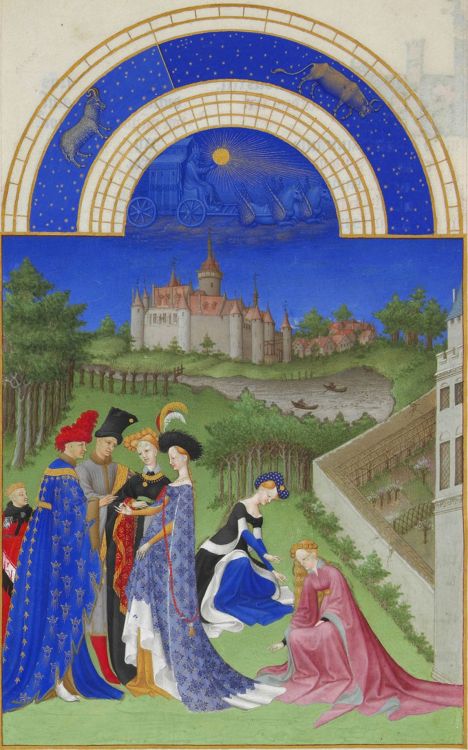 Très Riches Heures du Duc de Berry, AprilA young couple is shown exchanging betrothal rings in front