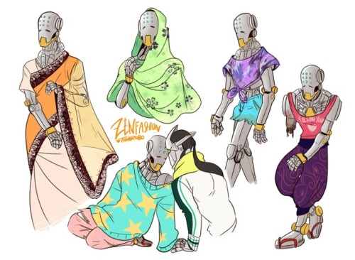 tomorobo-illust:I had a bunch of sketches of Zenyatta wearing clothes and decided to clean up the on