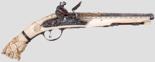 Extremely ornate flintlock pistol with ivory stock originating from St. Etienne, France, mid 18th ce