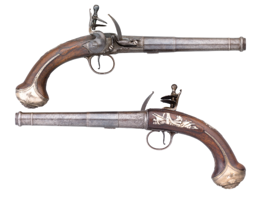 A pair of silver mounted turn-off Queen Anne flintlock pistols, produced by James Barbar of London, 