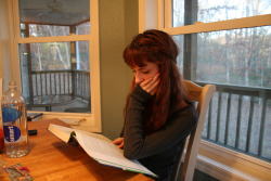 naked-yogi:  Studying. I had bangs last year, and they were really fucking cute.   LOOK AT MY HAIR