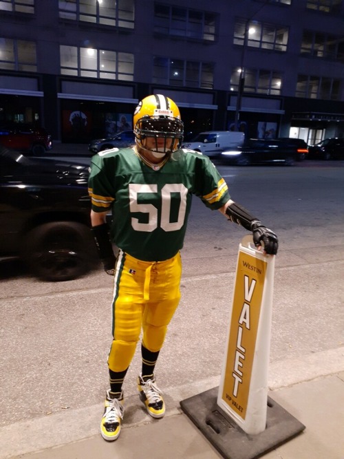 Outside the Westin in downtown Cleveland - a Packer backer wandering Ohio.