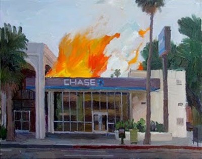 raychleadele:So there’s this artist, Alex Schaefer, who makes a bunch of paintings of Chase Bank burning. There’s just so many of these and I think it’s incredibly funny butI just read this bit from the artist andThis is a “plein air”