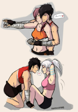 nikoniko808:  Nadia (kyhus oc), Howler (owlers oc), and Dani (my oc) work out time~   