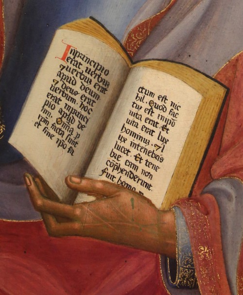 koredzas:Bartolo di Fredi - Saint John the Evangelist. Detail. 1350 - 1400   In princípio erat Verbum, et Verbum erat apud Deum, et Deus erat Verbum. Hoc erat in princípio apud Deum. Ómnia per ipsum facta sunt: et sine ipso factum est nihil, quod factum