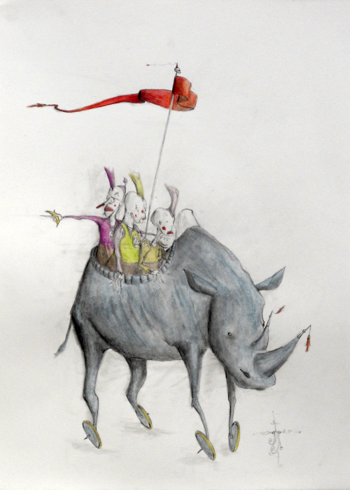eatsleepdraw:  The clowns escape in their rhyno-mobile,  one rides shotgun with two at the wheel.
