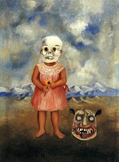 artist-frida:  Girl with Death Mask (She Plays Alone), Frida Kahlo Medium: oil,metal