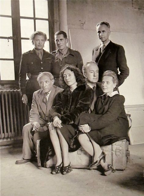 Lee Miller, Roland Penrose and Louis Aragon: sitting: Picasso, Nusch Eluard. Paul Eluard, and Elsa T