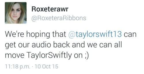 smarsh-1999:  @roseellendix & @roxeterawr lost their wedding video containing their vows and speeches because their first dance was to shake it off and now their whole video has been muted because of copyright!    @taylorswift please help them get