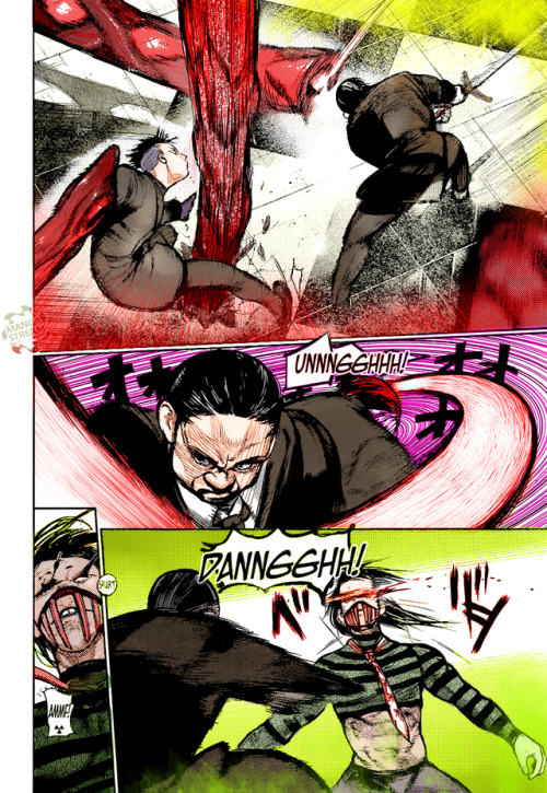 Tokyo Ghoul :re Chapter 134 Kuki Urie & Iwao Kuroiwa VS. Roma & Shikorae(rio) Coloured.Imgur album: http://imgur.com/a/vUonb