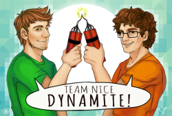 astropunch:  TEAM NICE DYNAMITE!!! SO! I had the pleasure of making this collab piece with the incredibly talented Sena!!! (Check out her stuff!) We both absolutely adore Rooster Teeth, including the wonderful dorks that make up Achievement Hunters!