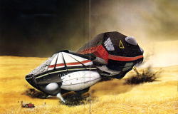 thomastapir:  “A TTA Juggernaut of the NCOS takes off from a Newbraskan wheat field with its cargo of grain bound for the industrialized inner worlds.” Painting by Jeffrey Ridge, appearing in the TTA Handbook “Starliners” by Stewart Cowley. 