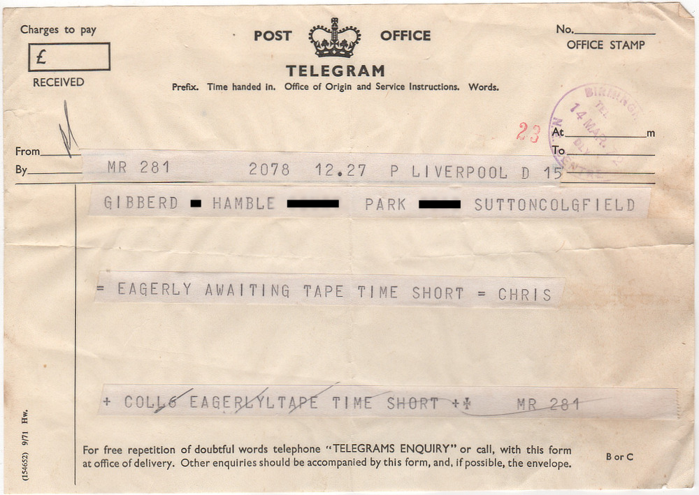 A Post Office telegram, 1972.