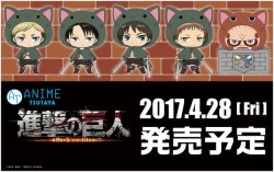 snkmerchandise: News: TSUTAYA SnK Merchandise Series (2017) Original Release Date: April 28th, 2017Retail Price: Various (See below) TSUTAYA has released previews of its first SnK merchandise for 2017! The various items feature Eren, Levi, Erwin, Jean,