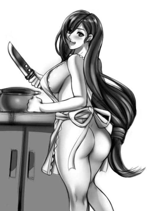 feiryu: Tifa’s learning how to cook and become a better wife. I guess she’s making Chocobo Soup or something. I’m sure it’ll taste great. That aside, shading in black and white has been pretty helpful. You get to simplify and plan out the different