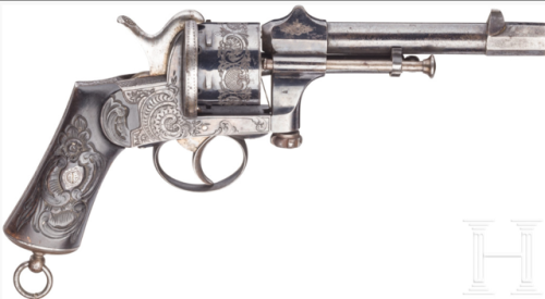 Engraved Mariette system pinfire revolver made in Belgium, circa 1865.from Hermann Historica