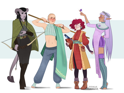 My D&amp;D party from last weekend, Tiefling Ranger, Human Monk and Wizard sisters and Elf Druid