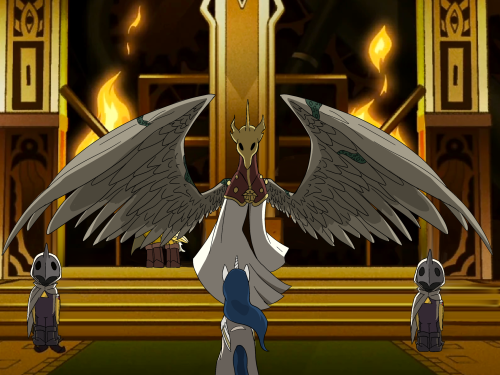 Emperor Belos as a masked Alicifn, spreading his massive wings. Hiden behind them to the left is Hunter. Before him stands Lilith, a unicorn with wings from her palisman. There are guards to the sides with mechanical wings and masks that cover their horns.