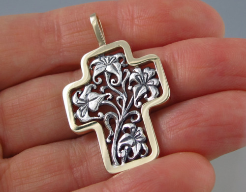 Floral Cross silver and 14k gold