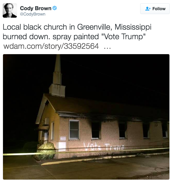 the-movemnt:  A black church was set on fire and tagged with the words “Vote Trump”On