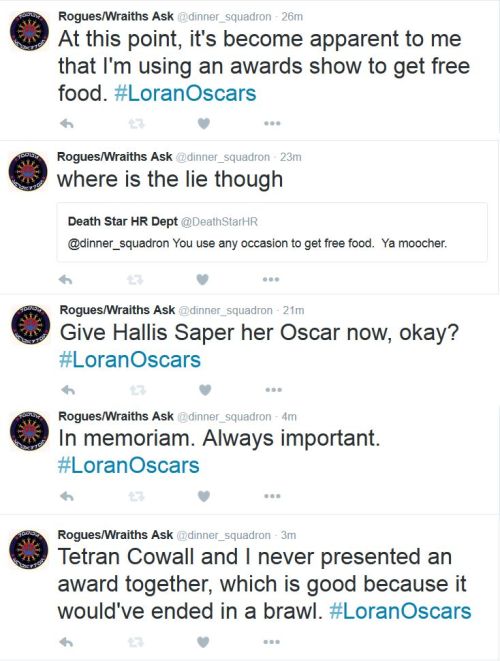 askroguesquadron:Our own Face Loran livetweeted the Oscars and ate food that probably wasn’t meant f