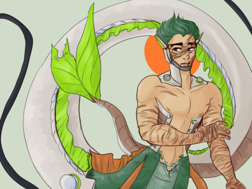 strawbearrymilk:  I jumped onto the mermaid au bandwagon as soon as I heard about it but took so long to draw it… Lucio’s based off a tropical fish and his markings are vaguely inspired by poison dart frogs, Genji’s in a class of his own where he’s