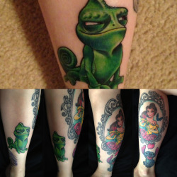 fuckyeahtattoos:  Tangled’s Pascal is my latest addition, eventually having my whole leg sleeved in Disney :]  Artist: Troy Johnson, Green Light Tattoo, Charlotte INSTA: @valval24244 FOLLOW ME: http://stay-young-go-dancing.tumblr.com/