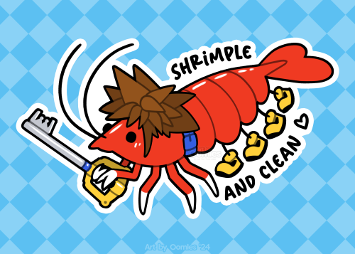 A digital illustration of Sora from Kingdom Hearts 1 drawn as a red shrimp. He has brown spikey hair, white tipped limbs holding a keyblade, and yellow shoes on its back legs. It says 'Shrimple and Clean' on a blue checkered background