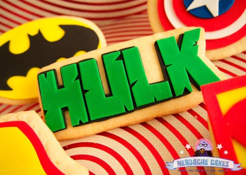 nerdachecakes:Hero Cookies!Part of the Super Minion order I took last week. There’s Hulk symbols, Ir