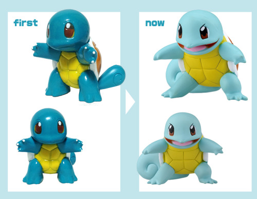 zombiemiki:  Original MonColle starter figures (and Pikachu) vs the same figures produced this year. (source) 