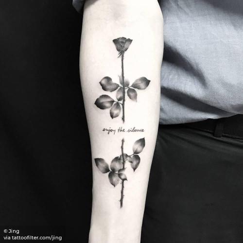 By Jing, done in Queens. http://ttoo.co/p/35426 blackwork;depeche mode lyrics;depeche mode;england;english tattoo quotes;english;enjoy the silence;facebook;flower;inner forearm;jing;languages;lyric;medium size;music band;music;nature;patriotic;rose;quotes;twitter;united kingdom