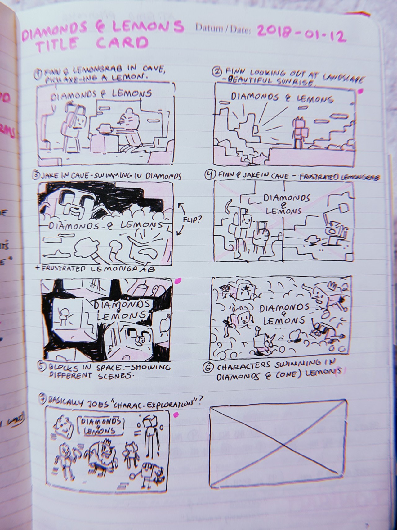 hannakdraws:Diamonds and Lemons (Minecraft special) title card brainstorm/thumbnail, title card design, and a few storyboard panels by writer/storyboard artist Hanna K. Nyström