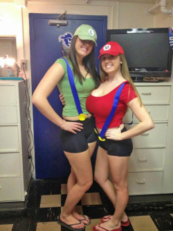 snowbunnyfantasies: boobsruinfriendships: We’ve said it before, Halloween is a killing field for boob warfare.  Katie was actually pretty surprised Alyssa agreed to do a theme costume with her, but she took full advantage.   That party, Alyssa was