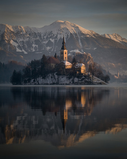 parmandil: visitheworld: Winter sunrise at Lake Bled, Slovenia (by Erik Meylemans). I love this plac