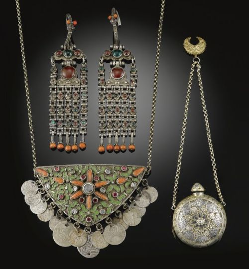 Turkey and Ottoman Provinces | Group silver jewellery pieces; triangular pendant decorated with with