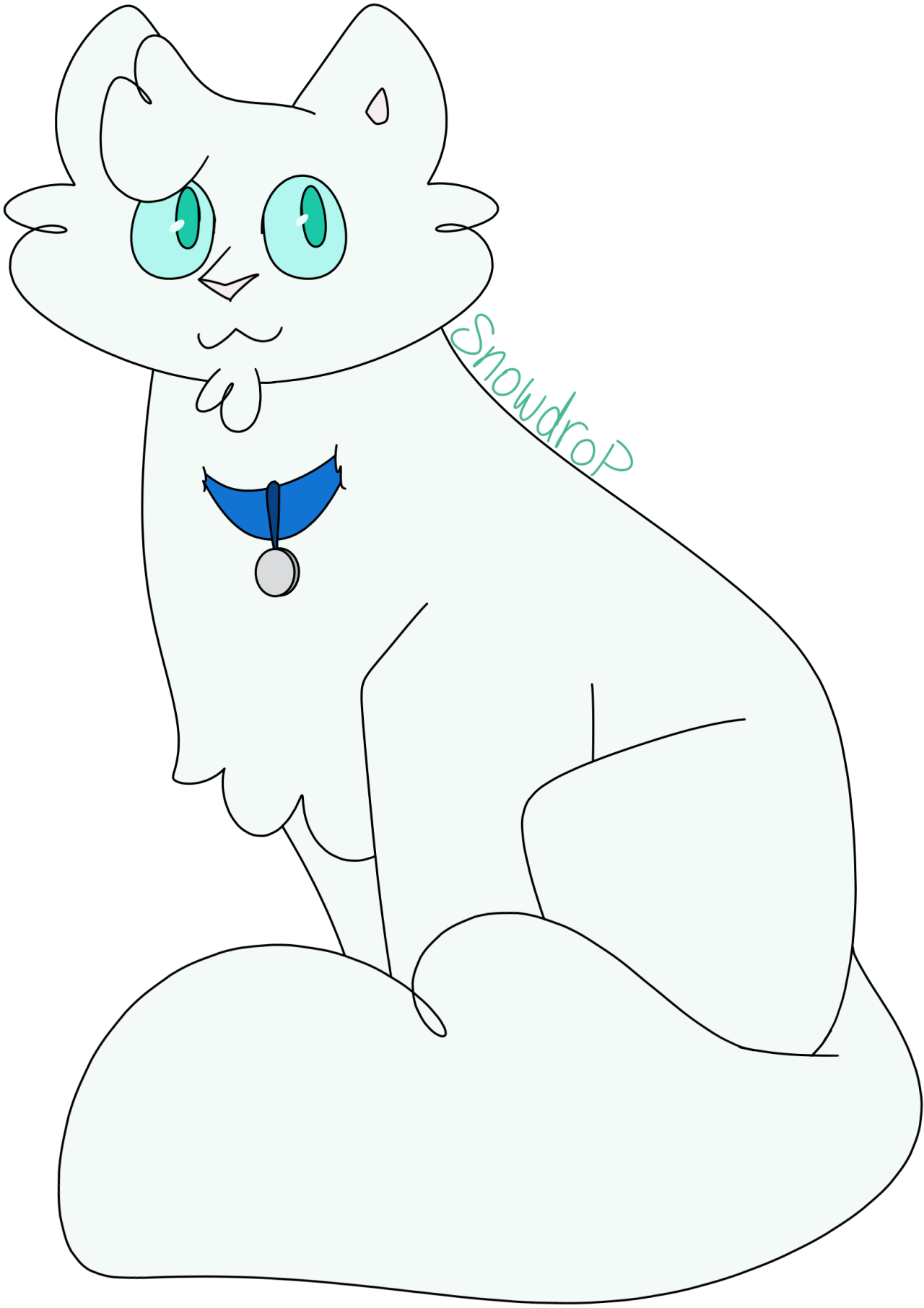[Image Description: A digital drawing of Snowdrop from the Warrior Cats book The Fourth Apprentice. Snowdrop is a white cat with blue-green eyes, a light pink nose, and a blue collar with a silver name tag. She has a beard and light pink inside of her ear. Snowdrop is sitting with her tail curled around her legs. Above her back “Snowdrop” is written. End Description.]“It would be fun! Maybe the brown animals are dogs-- do you think so? Or giant rabbits!”Snowdrop is a small, pure white she-cat with green eyes. #snowdrop#kittypet#ghost cat#s names#molly #omen of the stars #image description#designs