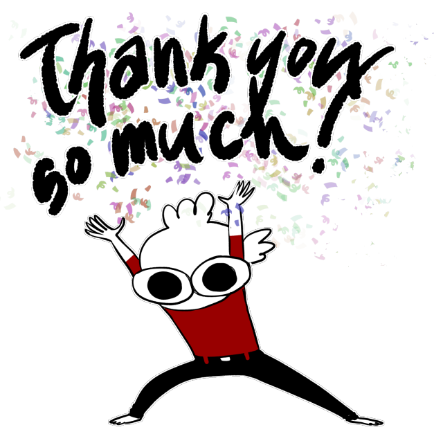 Image: Chekhov reaction doodle of Chekhov throwing a bunch of confetti that says thank you so much