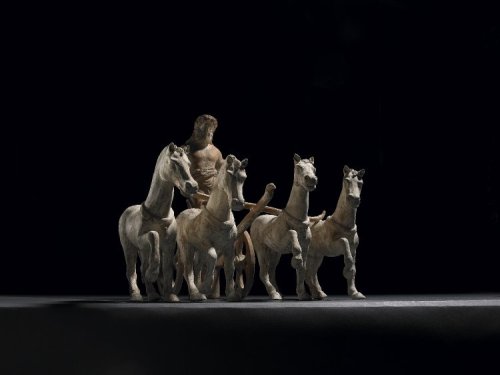 ancientpeoples:Terracotta group of Poseidon or perhaps Zeus driving a four-horse chariot300-200 BCAp