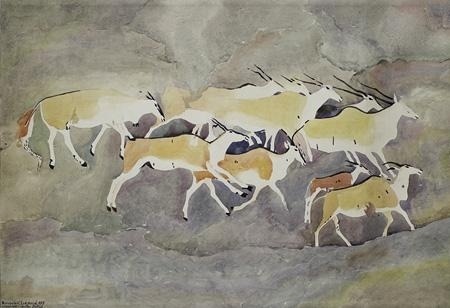 walter-battiss:Rock art - Group of Eland, one having a crumpled horn, Walter Battiss