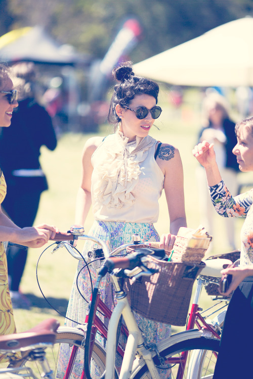 Sheer skirts, patterns, fitted dresses, bicycle baskets, bright and colorful… Love these thre