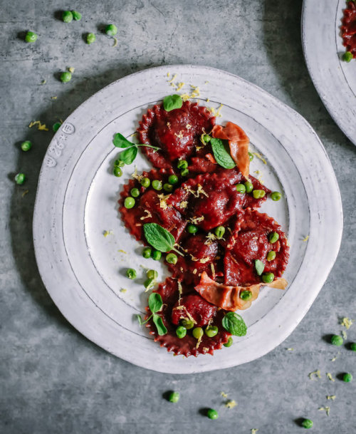 wevestill-gottime:Beet Ravioli w/ Mint, Ricotta, Peas & Lemon