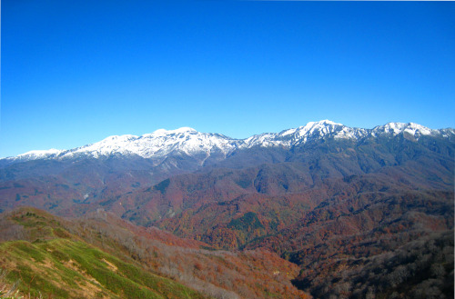 赤兎山（あかうさぎやま、Mt. Akausagi）標高1628.7m、二等三角点避難小屋と別山赤兎平（登山道）白山白山、別山、三ノ峰