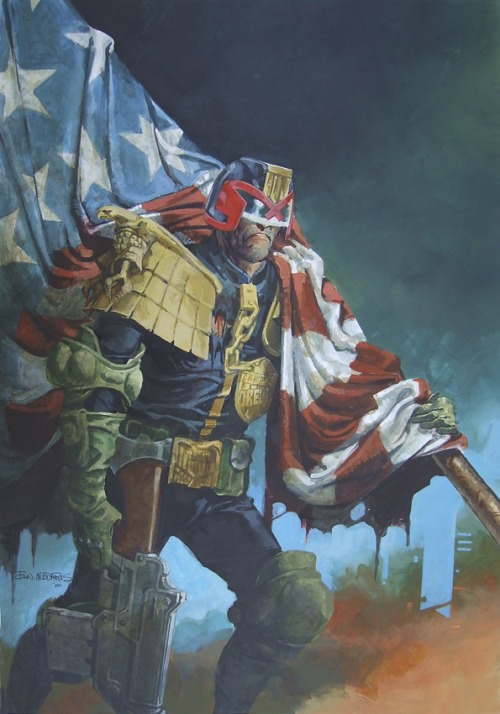 2000adonline:Dredd, White & Blue!Classic Judge Dredd in patriotic mood updated by veteran art droid, John Burns, from his StarScan on the rear cover of Prog 836 (22May'93).