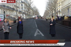 thepoliticalnotebook:  After an Israeli paper photoshopped the female leaders out of an image of the unity march in Paris, a satirical site responded by editing out all the men. 