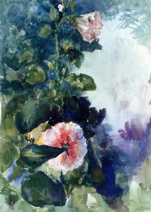 Study of Pink Hollyhocks in Sunlight, From Nature - John La Farge 1879ImpressionismWatercolour and g