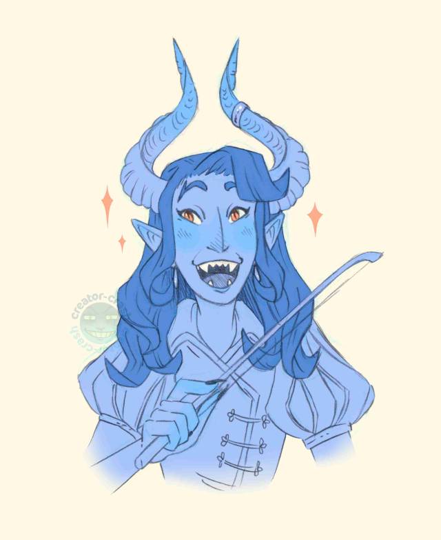 A lovely NPC in our Pathfinder game, Finnith the Tiefling Bard 🎻🎶