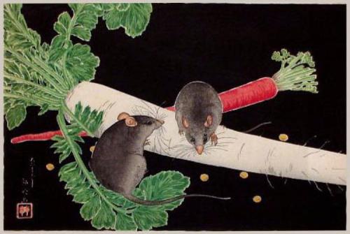 Shotei Takahashi Japanese Radish, Rats, and Carrot (1930)