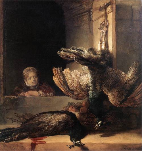 baroqueart:Still-Life with Two Dead Peacocks and a Girl by Rembrandt Date: 1639