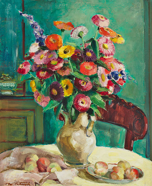 huariqueje:Les innias,  Bouquet of  Zinnias   -   Médard Verburgh Belgian,  1886-1957Oil on canvas, 